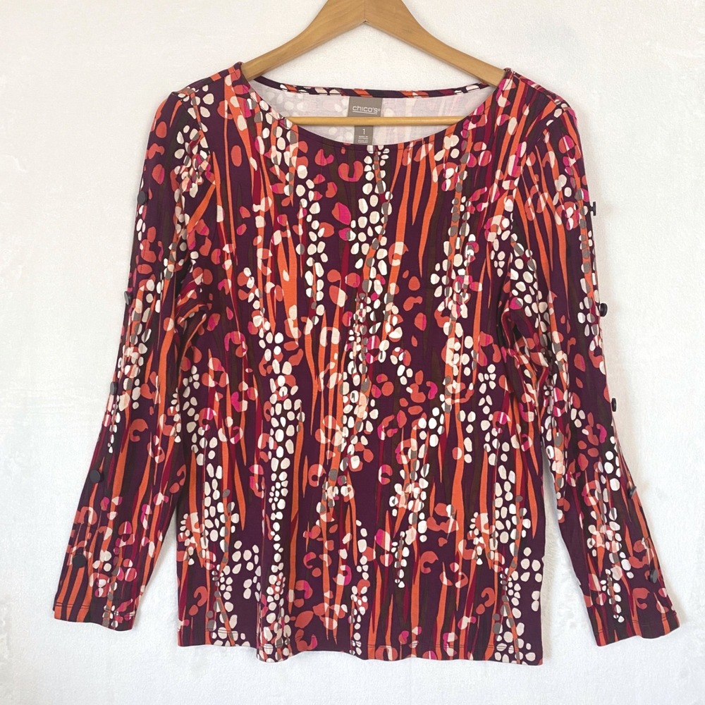 Chicos Long Sleeve‎ Abstract Print Knit Top Womens Size 1 Medium Burgundy Orange